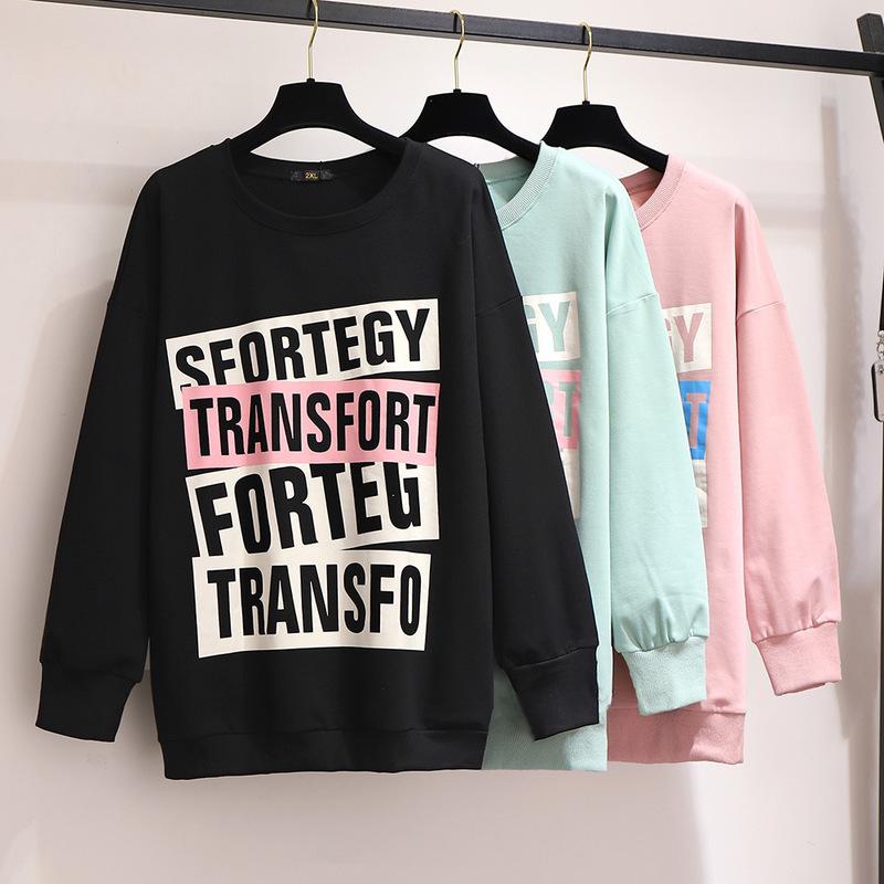 

Women's Hoodies & Sweatshirts Transfortegy 2021 Spring And Autumn Large Wear Plush Thickening Loose Letter Pullover Long Sleeve Top Round, See chart