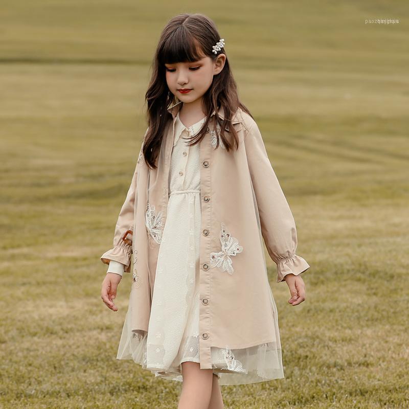 

Coat Girls Clothes Trench Coats Lace Butterfly Decoration Children's Clothing Medium Long Pattern Girl Jackets With Waist Belt1, Blue;gray
