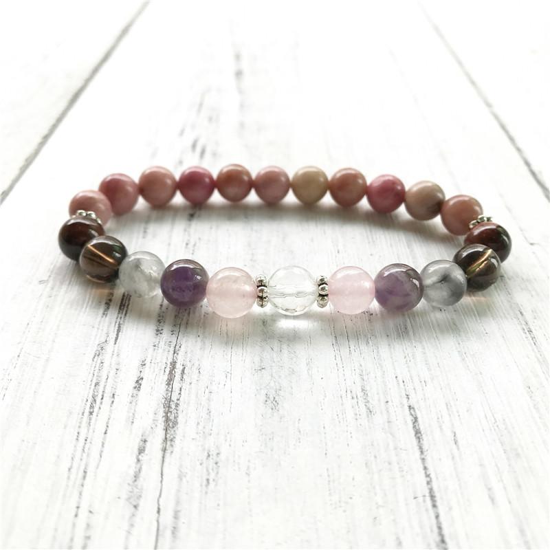 

Relief Stress & Anxiety Bracelet 7 Crystals Healing Wrist Mala Beads For Daily Gratitude Rhodonite Beaded, Strands
