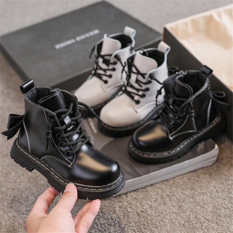 

2021 autumn new girls bow leather boots fashion children martin boots non-slip wear children short boots, Black
