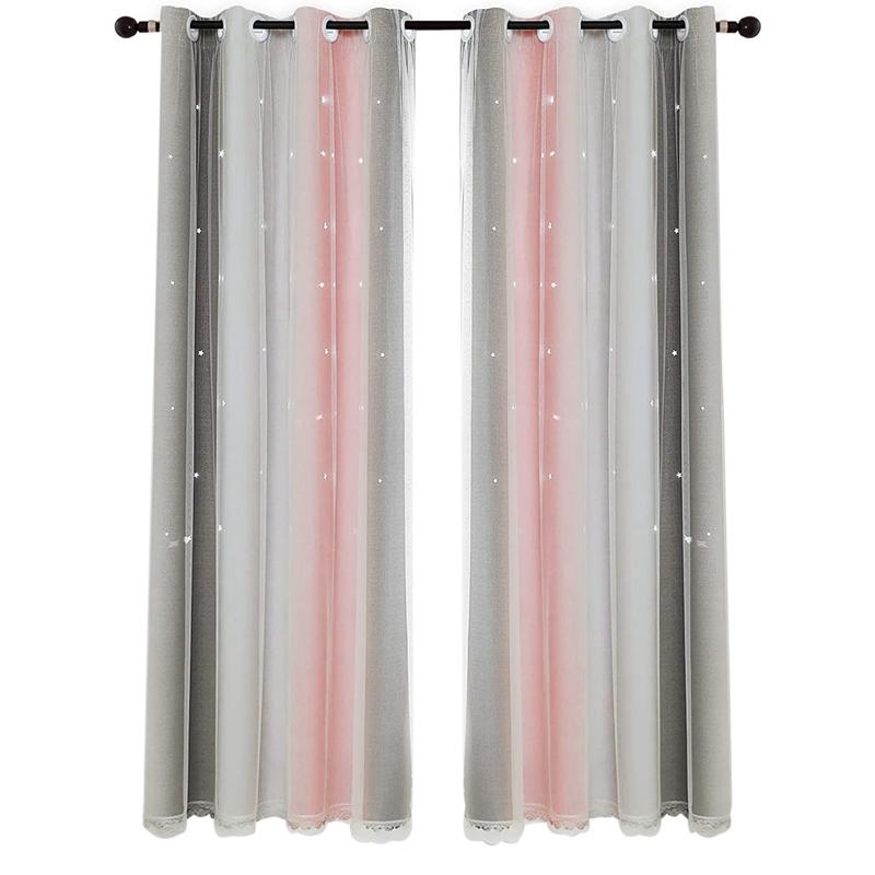 

Curtain & Drapes Star Bedroom Room Decoration Tulle Covered Colorful Striped Layered Curtain, 1 Piece (Pink/Gray)