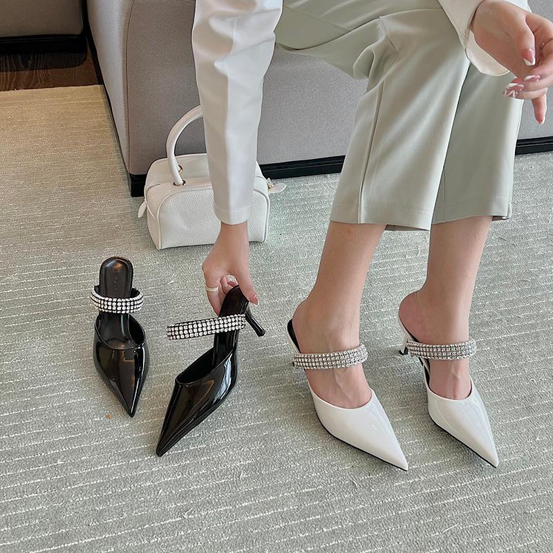 

Slippers Fashion Women Patent Leather Black/White Rhinestone Chain Design Slip On Thin High Heels Party Dress Shoes Woman 35-39