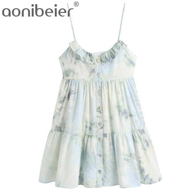 

Women Cami Dress Tie Dye Spaghetti Strap Teried Mini es Casual Button Up Elegant Ruffle Trim Loose 210604, 01