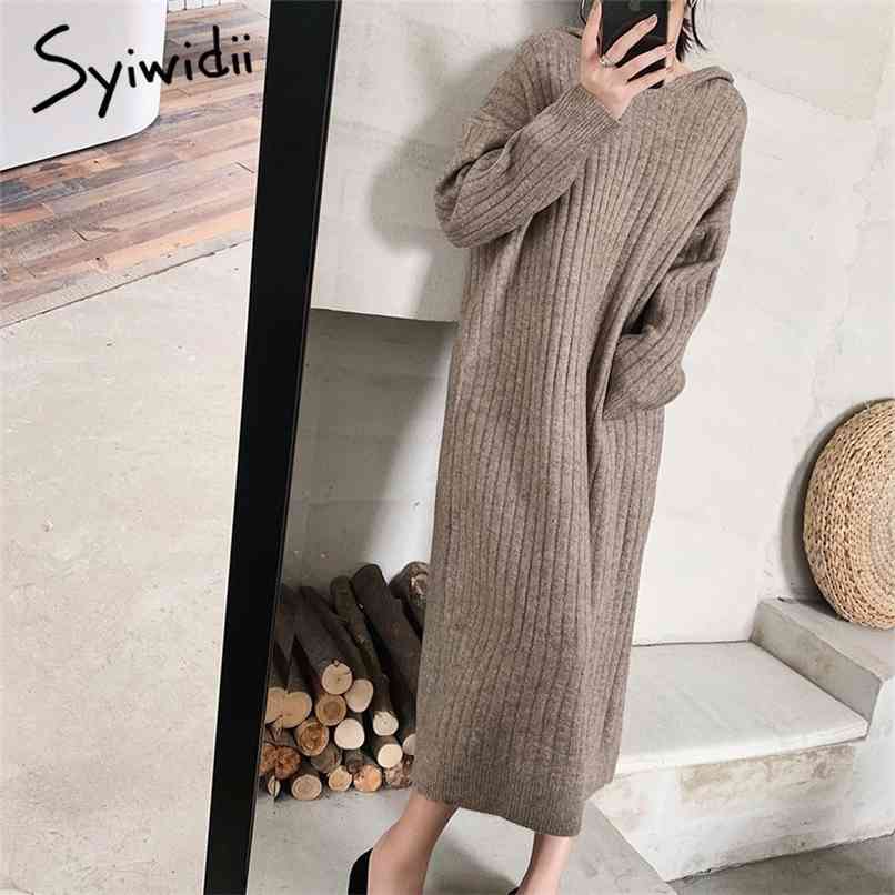 

Long Sweater Dress Women Hooded Ribbed Knitted Solid Plus Size Casual Black Gray Clothes Khaki Straight Fashion 210607