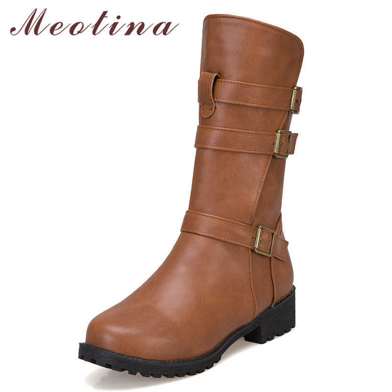 

Meotina Winter Mid Calf Boots Women Boots Buckle Thick Heel Boots PU Leather Zipper Round Toe Shoes Lady Autumn Plus Size 34-43 210608, Khaki