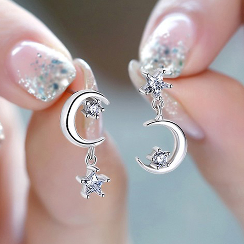 

New Style 925 Silver Plated Stars and Moon Stud Earrings White CZ Stone Drop Earrings For Women Girls Anniversary Party Jewelry, Golden;silver