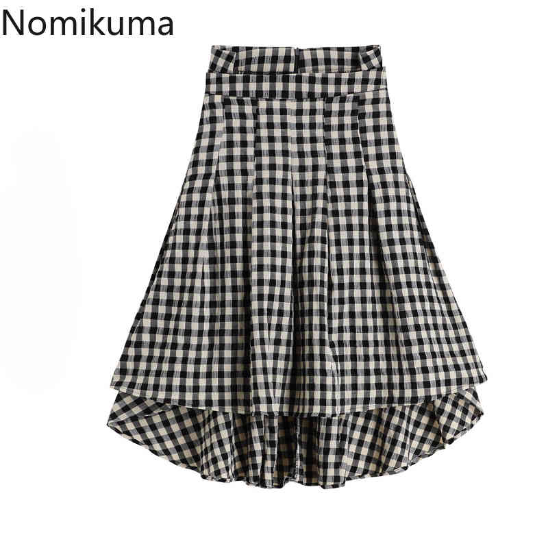 Nomikuma Korean Plaid Woman Skirts Causal Irregular A-line Mid-calf Skirt Spring Summer New Elegant Faldas De Mujer 6G763 210427