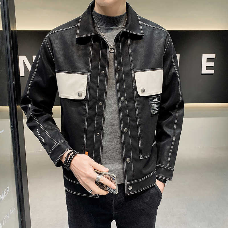 

Spring Jacket Men's Casual Slim Coats Lapel Big Pocket Streetwear Hip Hop Jacket Spring Autumn Outerwear Male Clothing 210527, Black