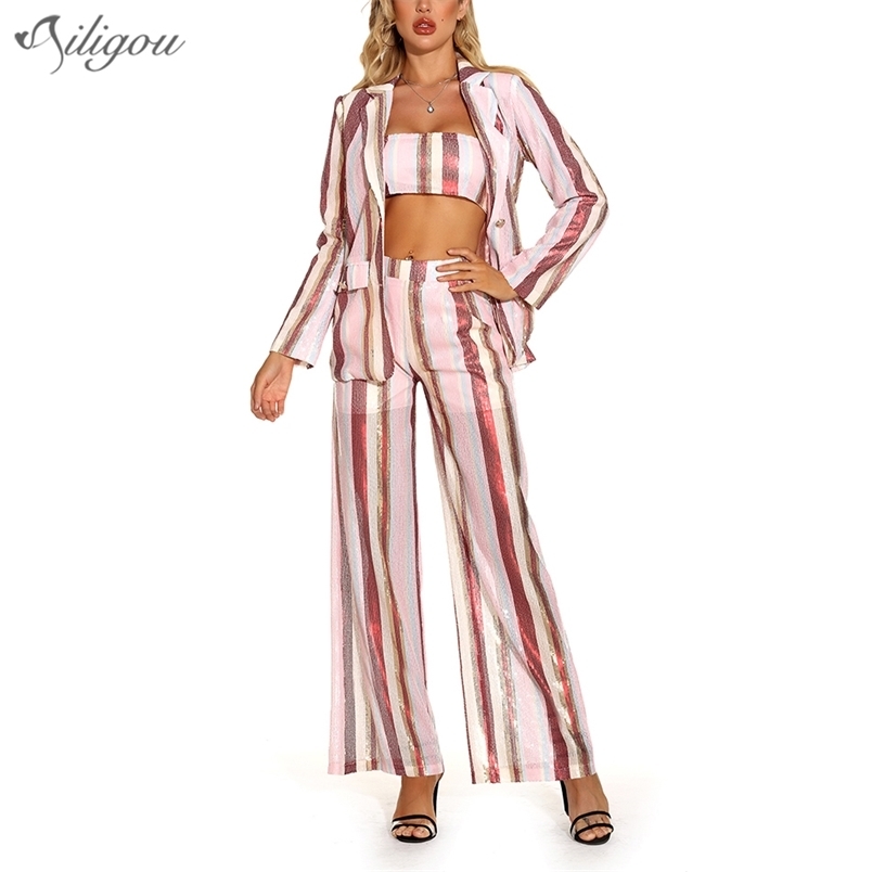 

Summer Ladies Striped Sequins Club Suit Sexy V-Neck Long Sleeve Coat And Trousers 3 Two-Piece Set Celebrity Party 210525, Gold