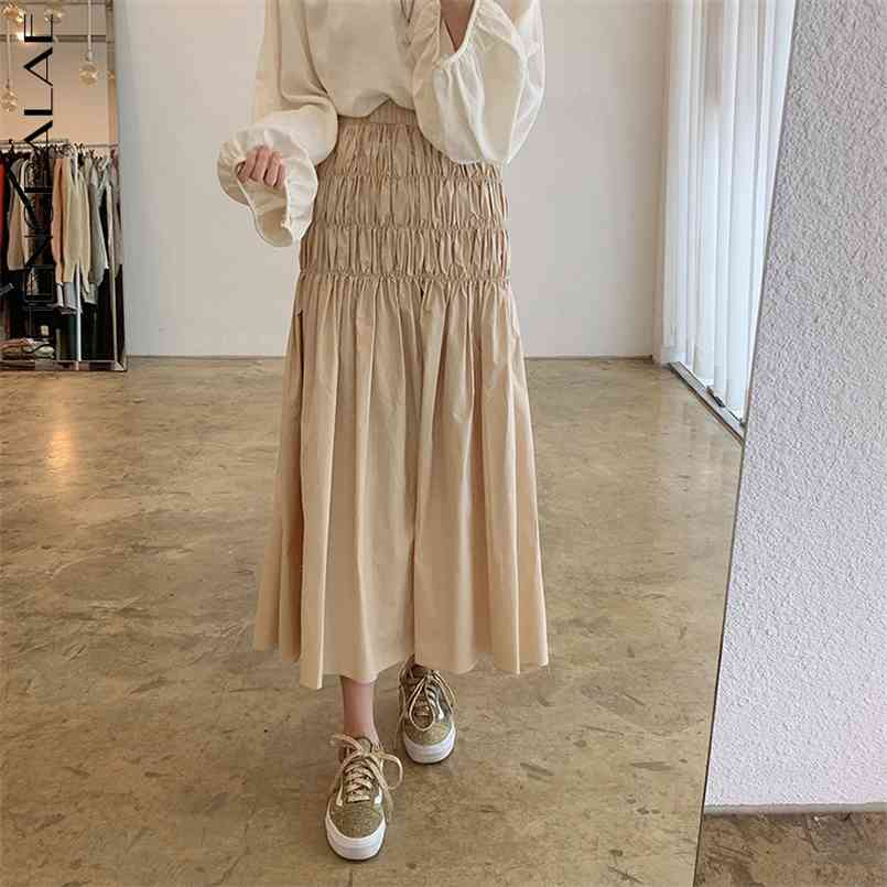 

SHENGPALAE Elegant Minimalist Skirt Women's Spring High Waist Design Pleated Solic Color Mid-calf Female 5B748 210708, Apricot skirt