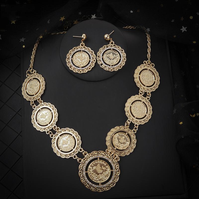 

Earrings & Necklace Fadeless Muslim Arab Islamic Turkish Ottoman Coin Jewelry Algerian Wedding Bride, As pic