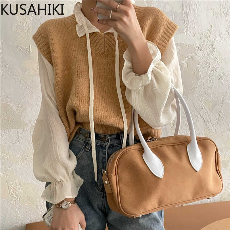 

Spring Two Pieces Women Sets Lace V-neck Flare Sleeve Blouse + Knitted Sleeveless Vest Korean Causal Outfit 6E674 210603