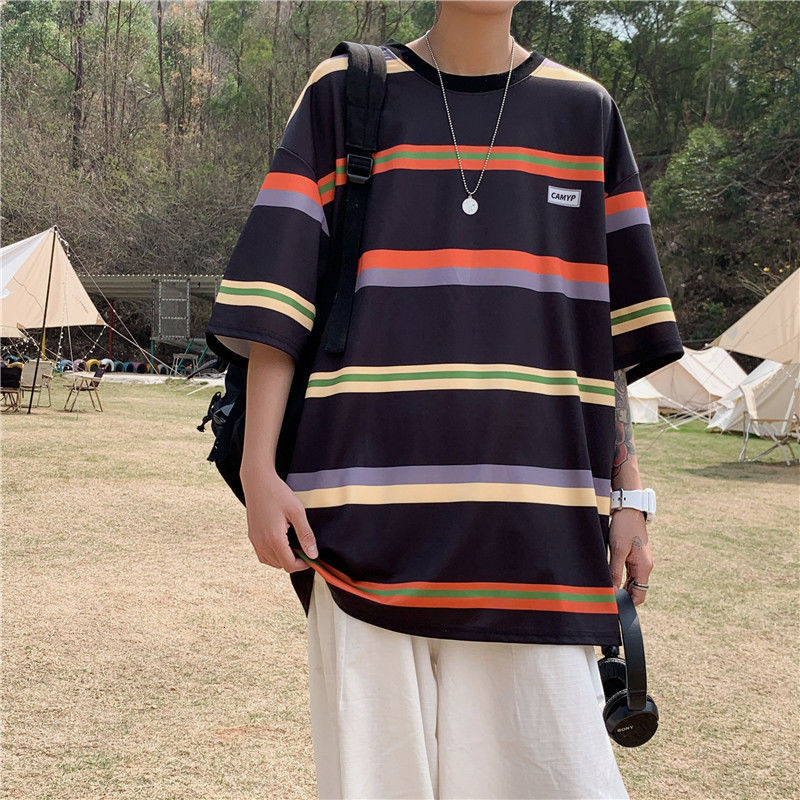 

Men's Loose Korean Streetwear T-shirts 2021 Fashion Stripe Short Sleeve Tops Clothing Hip Hop, White