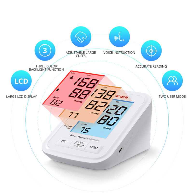 

Sinocare Blood Pressure Monitor Tensiometer Upper Arm Automatic Digital BP Machine Pulse Heart Rate Meter 3 Color LCD Display