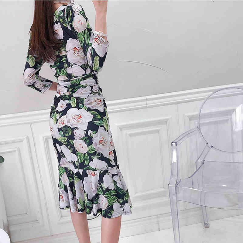 Casual Dresses Summer Runway Designer Floral Flower Luxury Mermaid Party Vintage Elegant Lady V Neck Midi Long Dress Vestidos X5T6-image-699407379
