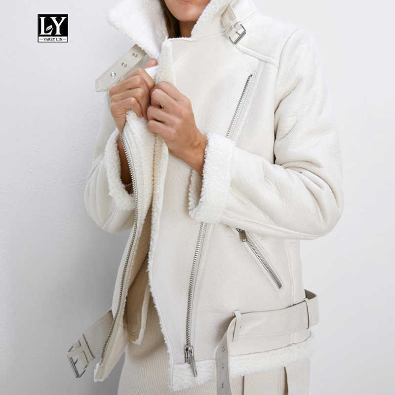 

Ly Varey Lin Winter Faux Lamb Leather Jacket Women Lambs Wool Fur Collar Pu Moto Zipper Warm Thick Outerwear 210526, Beige