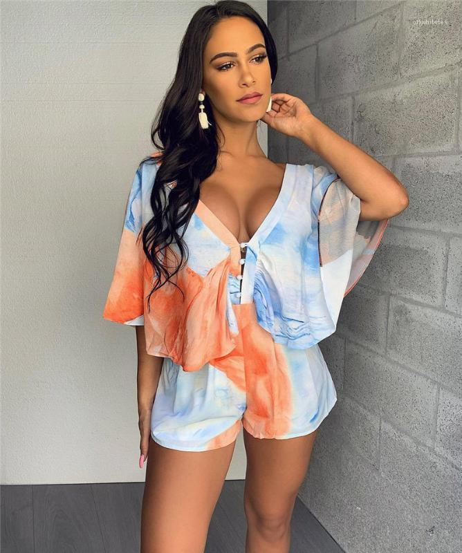 

Womens Jumpsuits Sexy Ribbon Deep V Neck Printing Bodysuit Casual Style Shorts Ladies Rompers Summer Batwing Sleeve, Black;white