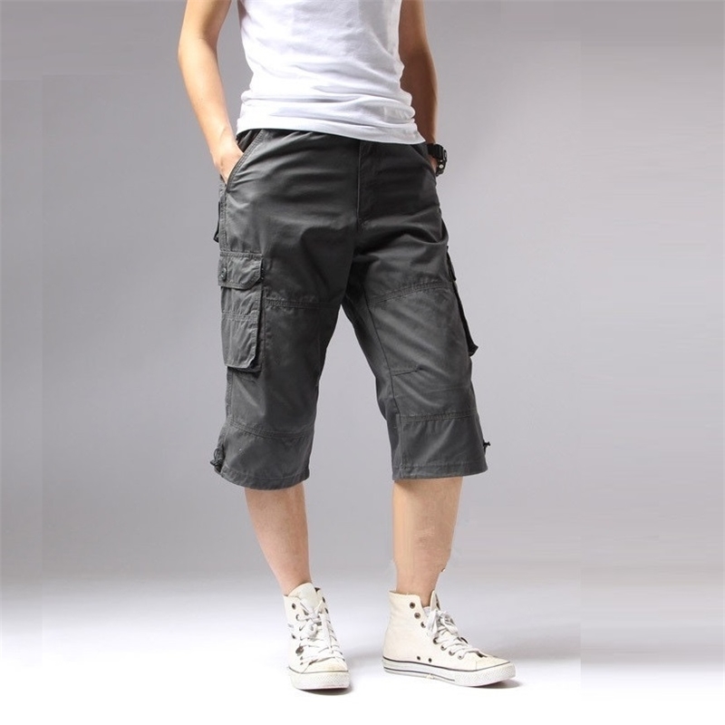 

Long Length Cargo Shorts Men Knee Pocket Casual Cotton Elastic Waist Bermudas Male Military Style Summer Breeche Army 210518, Army green