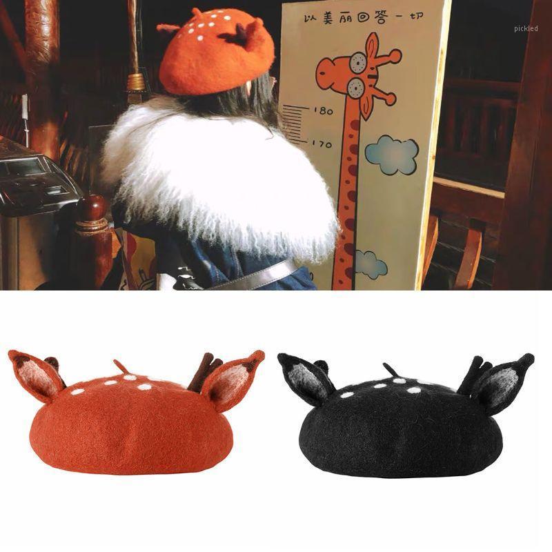 

Berets Christmas Beret Cap Cute 3D Reindeer Antler Ears Faux Felt Painter Student Winter Warm Mushroom Hat For Women Girls