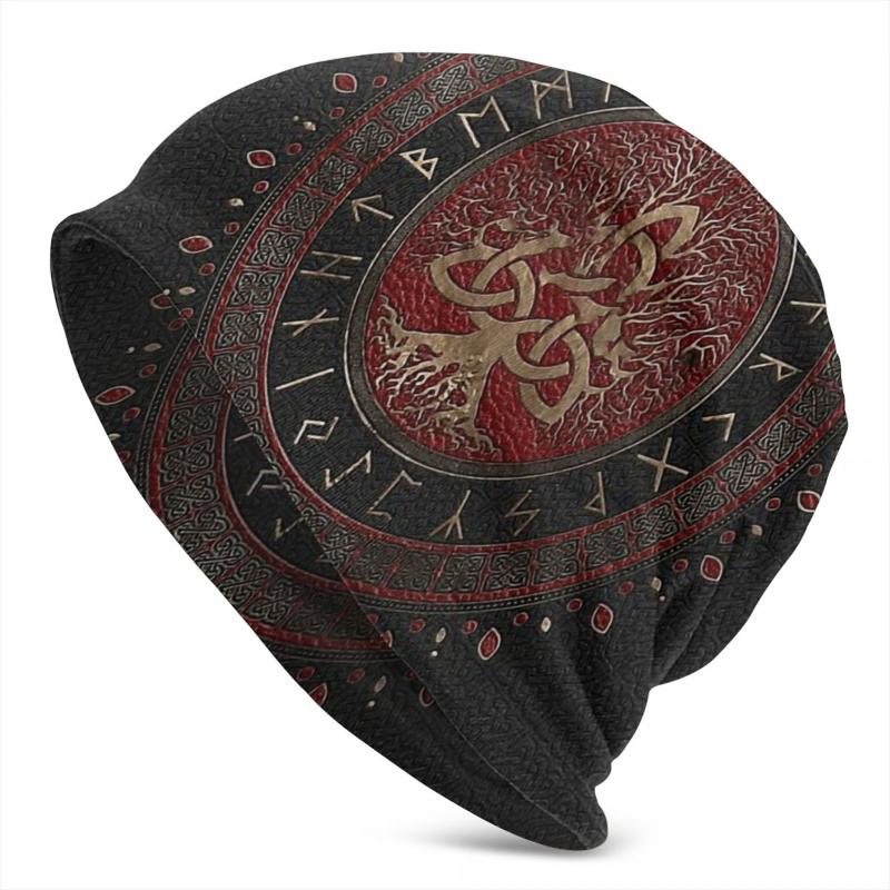 

Berets Bonnet Hats Vikings Men Women's Knitting Hat Tree Of With Triquetra Black Red Leather And Gold Winter Warm Cap Beanies Caps