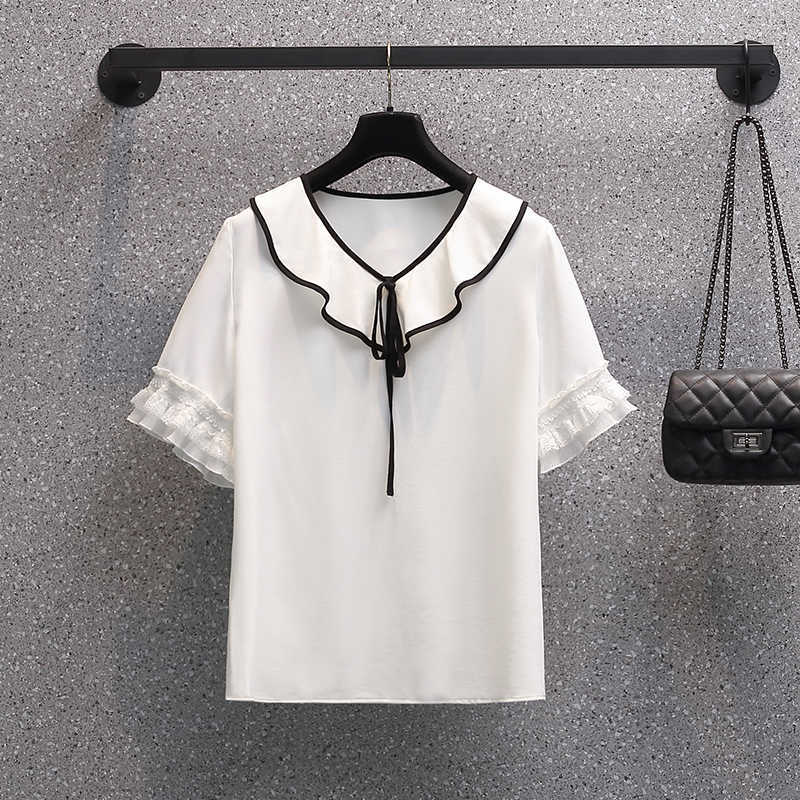 

plus size Women's Blouse V Neck Flare Sleeve Shirts ruffle bow Elegant white Wild Top Comfortable Breathable Camisa 210604