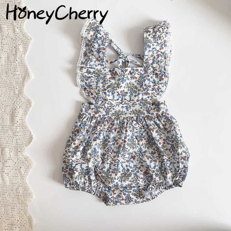 

spring and summer girls cotton floral lotus leaf jumpsuit baby romper bow overalls baby girl clothes 210701, Blue