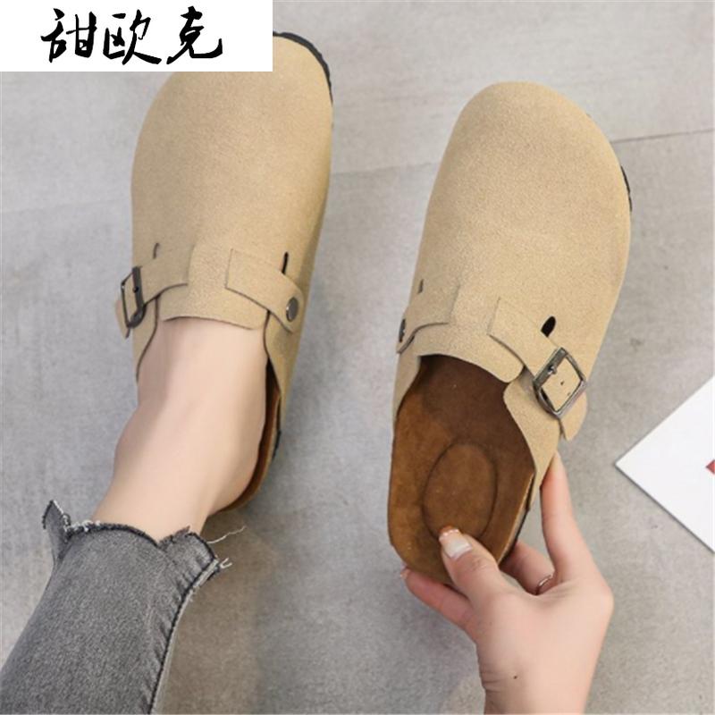 

Sandals 2021 Summer Women's Fashion Suede Low-heeled Vintage Buckle Flat Outdoor Comfortable Baotou Beach Slippers, Black