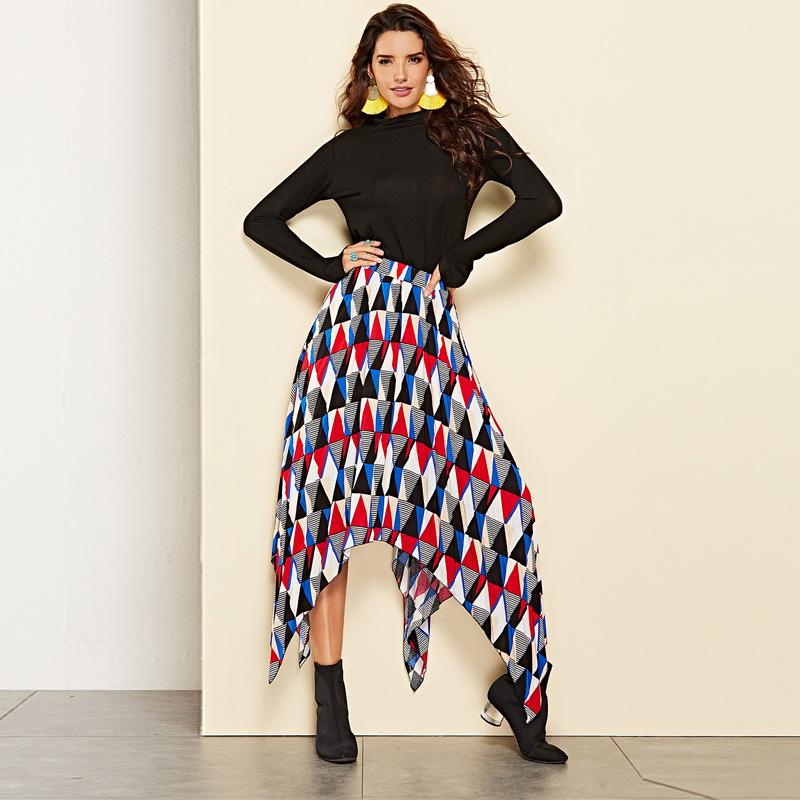 

Skirts Sweet Multi-color Tulle Patchwork Long Irregular Elastic High Waist Vintage Print Skirt 2021 Autumn Winter, Black red