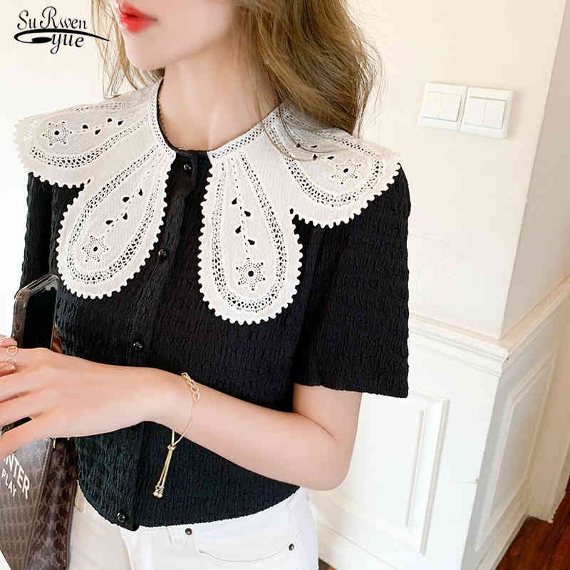 

Simple Retro Lapel Crochet Embellishment Single-breasted Short Sleeve Top Korean Chic Personality Joker Puff Shirt 13828 210521, Black