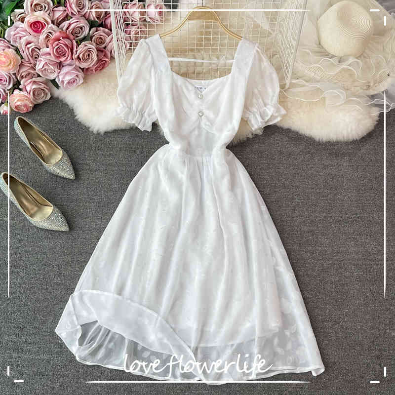 

LoveFlowerLife Summer Casual Solid Slim Dress A Line Square Collar Short High Waist Mid-Calf Women Dresses 210521, White