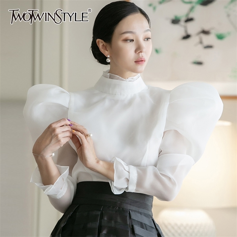

Vintage White Shirt For Women Stand Collar Puff Long Sleeve Solid Elegant Blouse Female Fashion Clothing 210524, Red