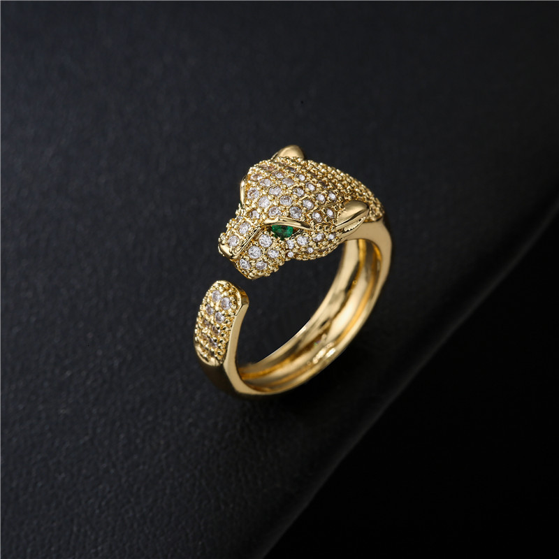 

Classic trend copper micro inlaid zircon leopard ring fashion atmosphere leopard diamond mouth leopard head ring, Silver