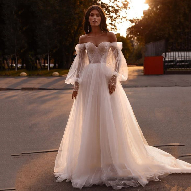Wedding Dress Off The Shoulder Beach Lace Sweetheart Puffy Sleeves Princess Wedding Gown Boho Bride Dresses Vestido De Noiva-image-688762118