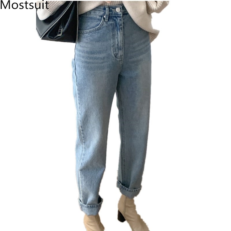 

Casual Fashion Women Denim Jeans Pants Spring Middle Waist Classic Straight Full- Length Trousers Mujer 210518, Blue