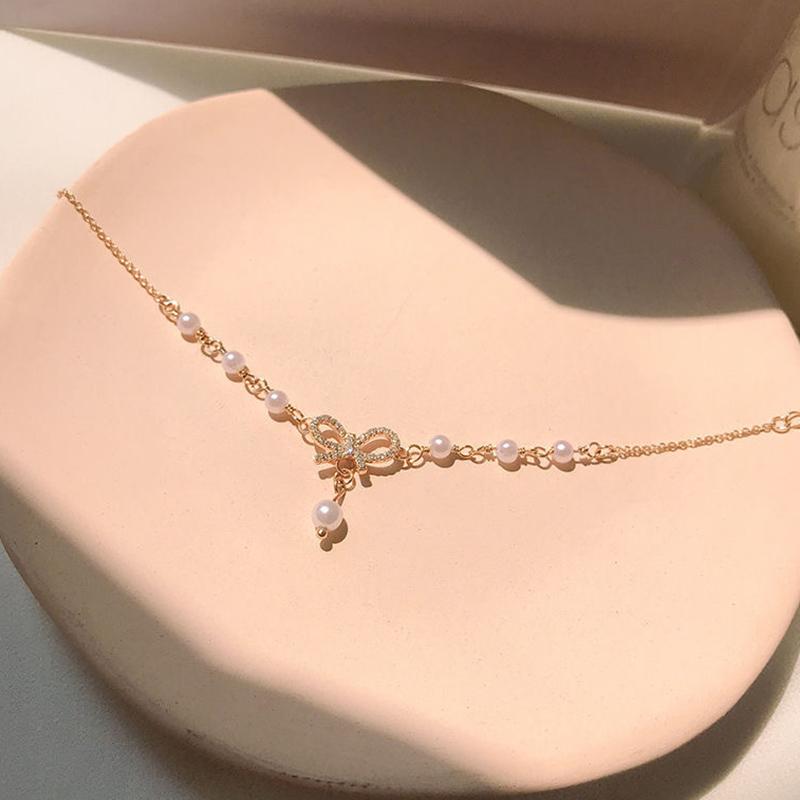 

Link, Chain Crystal Bow Pearl Bracelet Rhinestone Bangles Women Simple Lovely Pearls Bracelets Ladies Girls Jewelry Party Gift