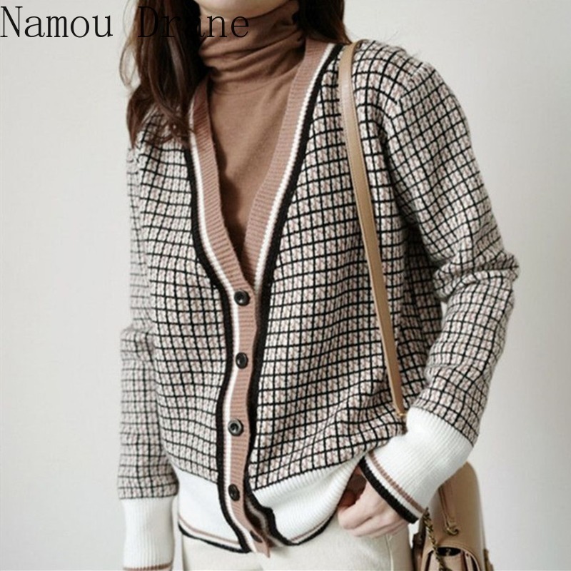 

Autumn Winter Women's Sweaters Plaid Loose Casual Fashionable Tops Korean Style Knitting Cardigans 210429, Khaki