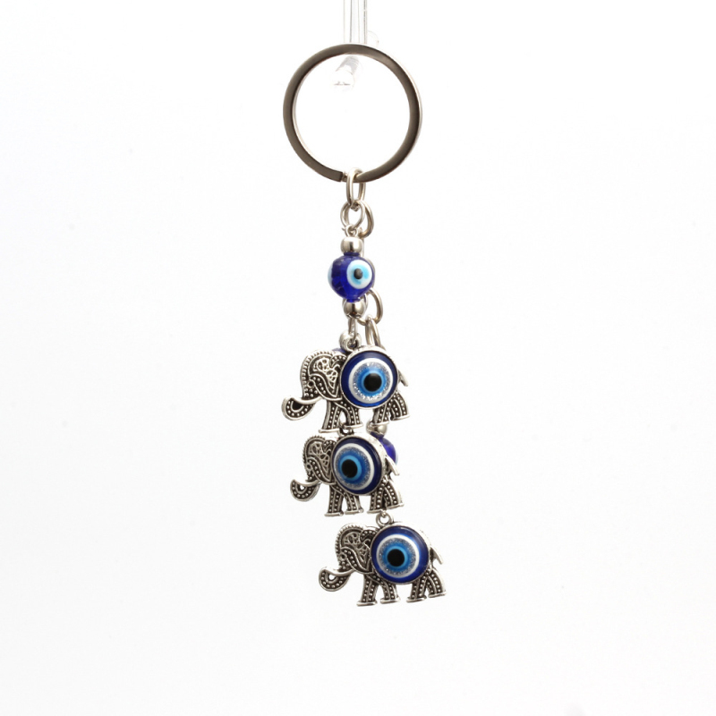 

Three Lucky Elephant Blue Evil Eye Beads Keychain Antique Silver Plated Zinc Alloy Keyring