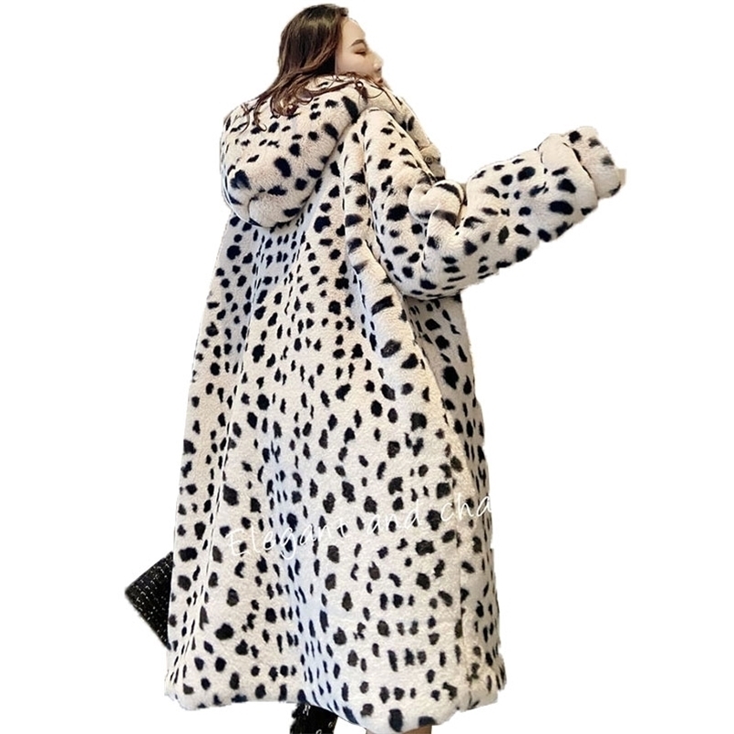 

Korean Imitation Fur Leopard Print Fur Coat Fur One Coat Women Winter Jacket Women Fashion Hooded Warm Parkas Jacket 211110, Beige leopard