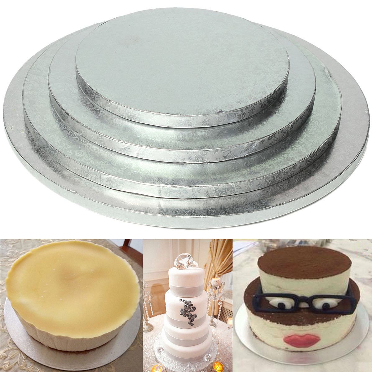 

Silver Round Cake Thick Drum Board Stand Holder Strong Base For Wedding Birthday8/10/12/14inch for Wedding Cakes Professional