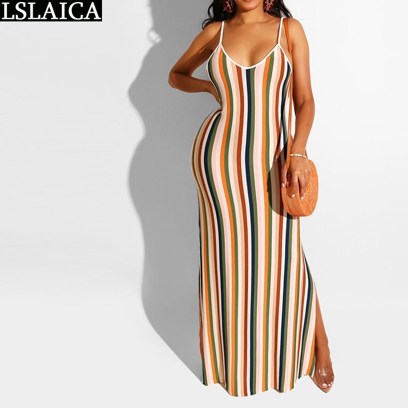 

Sexy Dress Striped Print Backless Summer Sling Night Club Floor-Length Beach Style Hem Split Fashion Clothing Bohemian 210520, Mixed color