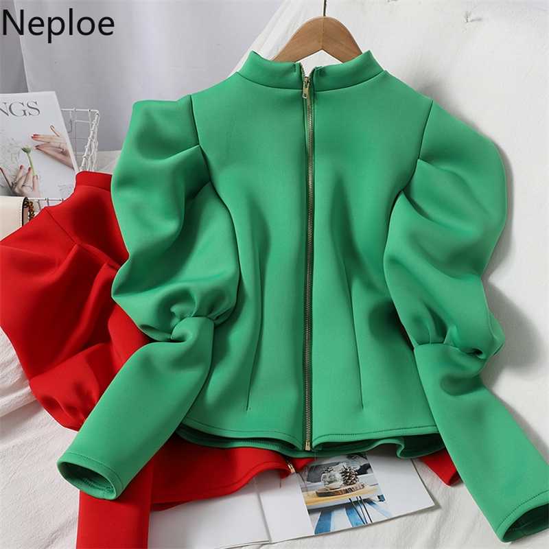 Neploe Sweatshirt Fall Clothes Women Fashion Hoodies Puff Sleeve Zipper Hoodie Shirt Korean Vintage Winter Woman Cropped Tops 210927