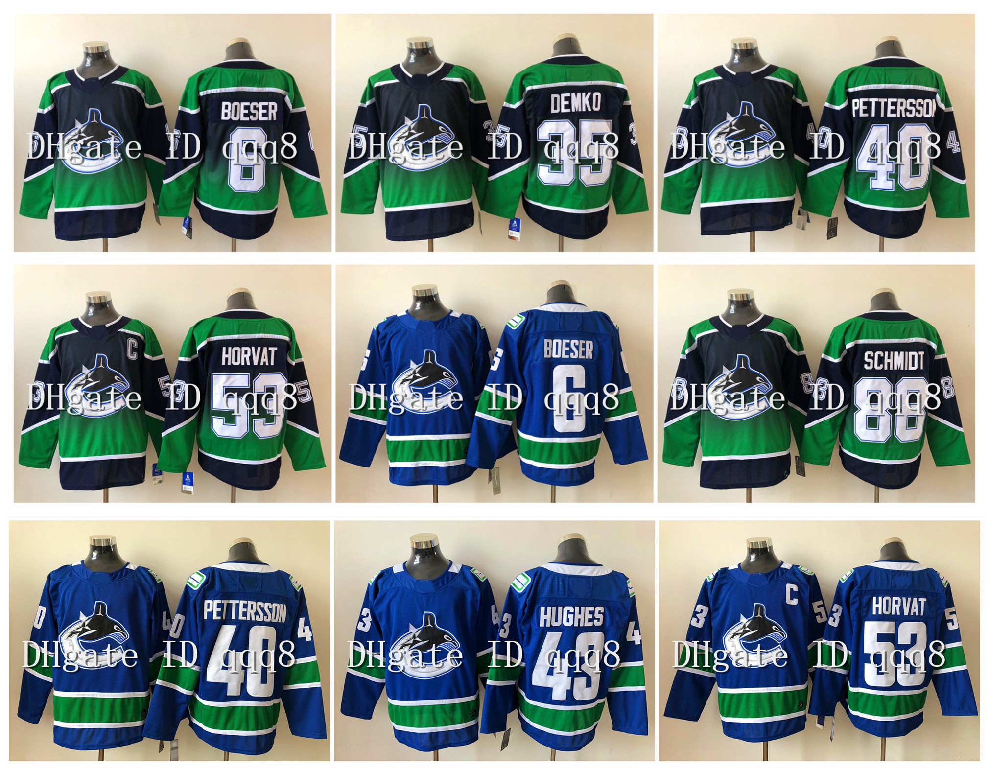 

2021 Reverse Retro Vancouver Canucks Jersey 40 Elias Pettersson 53 Bo Horvat 6 Brock Boeser 35 Thatcher Demko 88 Nate Schmidt 43 Quinn Hughes Hockey, As pic