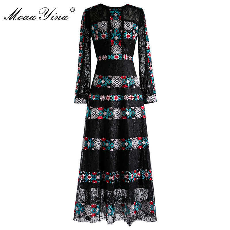 

Fashion Designer dress Spring Autumn Women Dress Vintage Mesh Embroidery Elegant Dresses 210524, Black