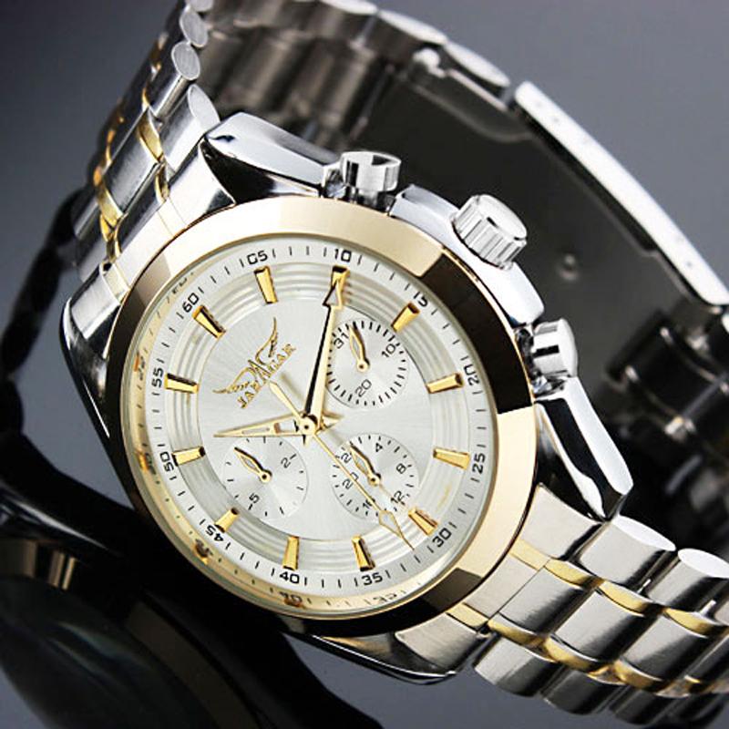 

Wristwatches Jaragar Fashion Brand Men's Silver Dial Golden Case Elegant 6 Hands Multifunction Automatic Mechanical Watch, White