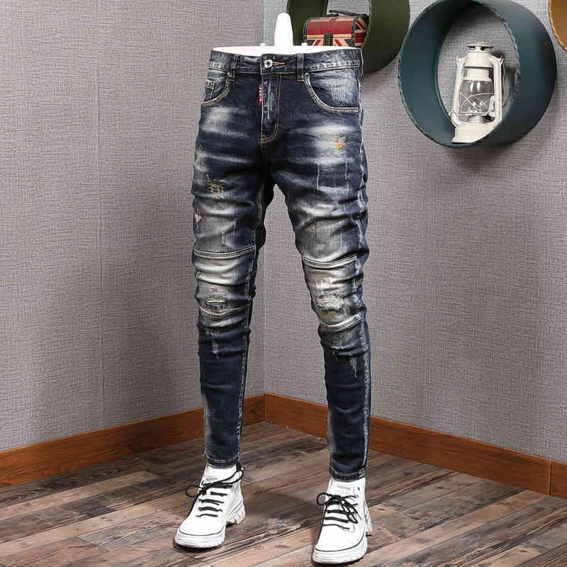 

Fashion Streetwear Men Jeans Slim Fit Elastic Destroyed Ripped Denim Trousers Painted Spliced Designer Hip Hop Punk Biker Pants, 917