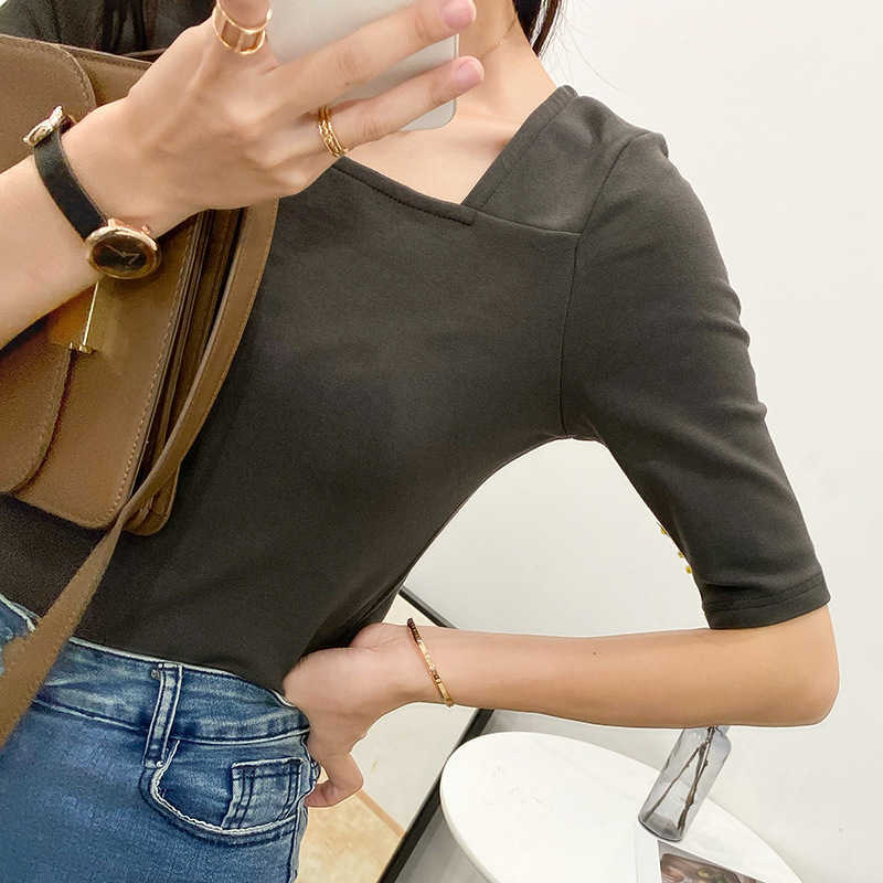 

Korean Women's Fashion Spring Modal Solid T-shirt Square Collar Casual Pullover Tops Female 210607, White long sleeve
