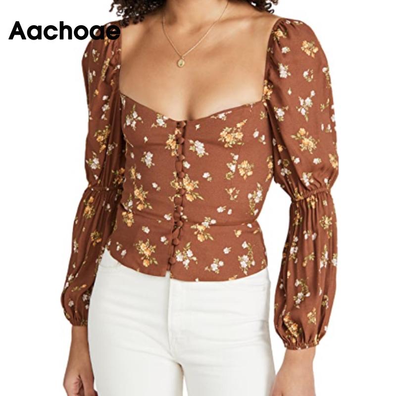 

Women's Blouses & Shirts Aachoae Women Vintage Floral Print Bodycon Cropped Blouse Puff Long Sleeve Chic Tunic Tops Buttons Decorate Stretch, White