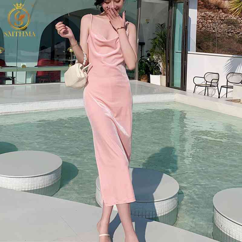 

Fashion Vintage Sleeveless Ladies Mid-Length Dress Elegant Female Sexy Spaghetti Strap Slim Summer Velvet Vestidos 210520, Photo color