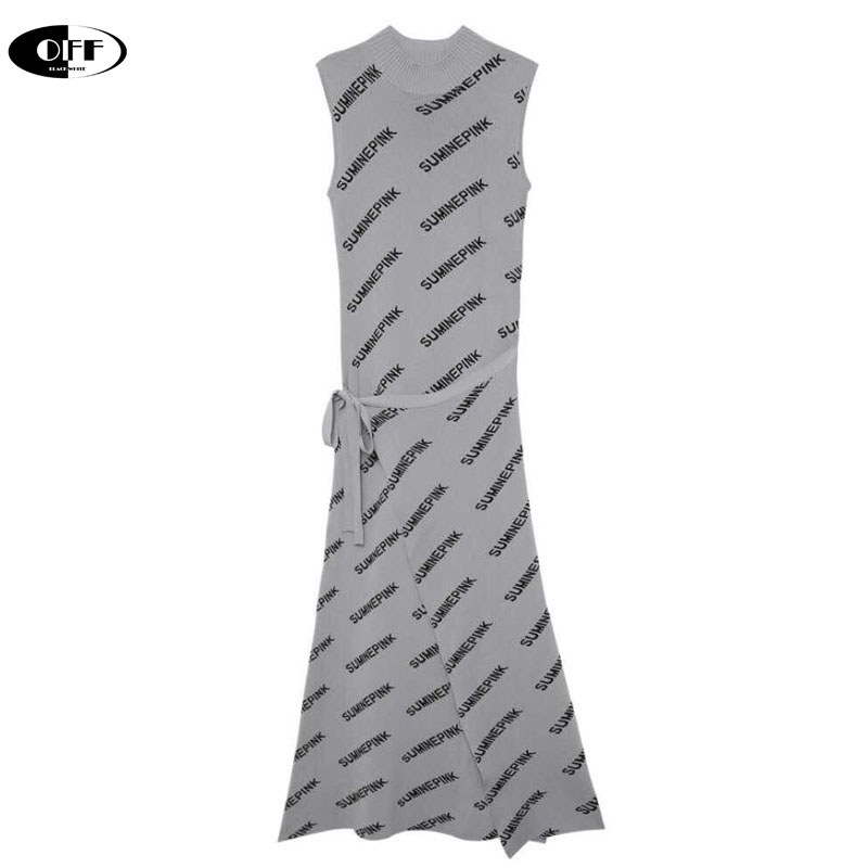 

women knitting long sweater european summer design letters bodycon casual high street sleeveless knitted maxi dresses vestidoes, Black;gray