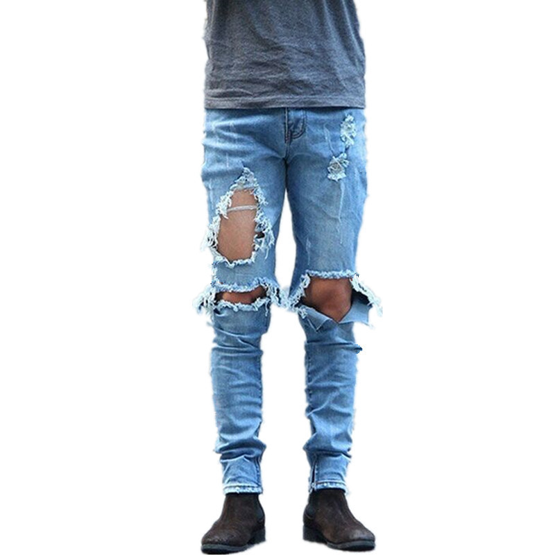 

Men's Jeans High quality autumn winter Casual street men jeans Ripped big hole Denim youth fashion elastic straight hip hop pants, Sky blue